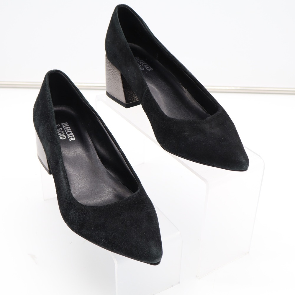 Bleecker & Bond Yasmine Black Suede Pointed Toe Metallic Block Heel Pumps Size 6